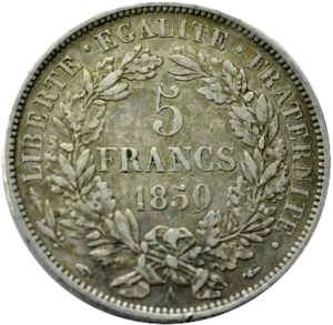 L'inscription "5 francs 1849" dans une couronne végétale.