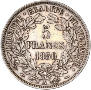 L'inscription "5 francs 1850" dans une couronne végétale.