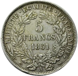L'inscription "5 francs 1849" dans une couronne végétale.