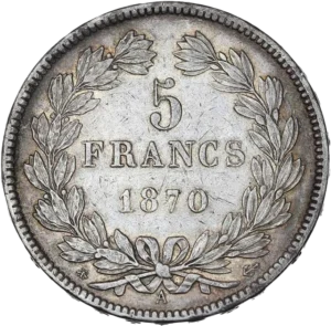 L'inscription "5 francs 1870" entouré d'une couronne de laurier et de chêne.