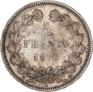 L'inscription "5 francs 1870" entouré d'une couronne de laurier et de chêne.