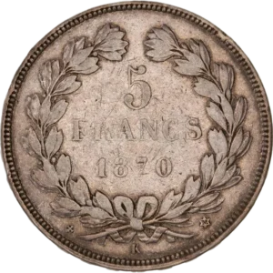 L'inscription "5 francs 1870" entouré d'une couronne de laurier et de chêne.
