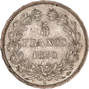 L'inscription "5 francs 1870" entouré d'une couronne de laurier et de chêne.