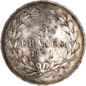 L'inscription "5 francs 1871" entouré d'une couronne de laurier et de chêne.
