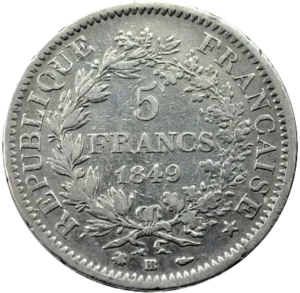 L'inscription "5 francs 1849" entouré d'une couronne de laurier.