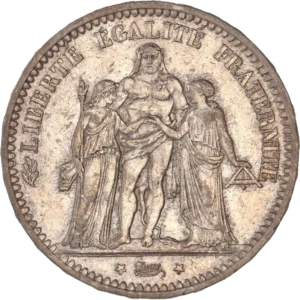 Hercule debout de face avec la léonté, unissant la Liberté debout à gauche et l'Egalité à droite.