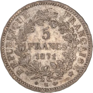 L'inscription "5 francs 1871" entouré d'une couronne de laurier et de chêne.