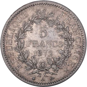 5 francs 1872 dans une couronne végétale.