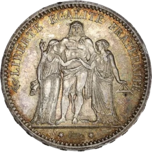 Hercule barbu demi-nu, debout de face avec la léonté, entouré de la Liberté debout à gauche tenant une pique surmontée d'une main de Justice et de l'Égalité debout à droite, tenant un niveau.