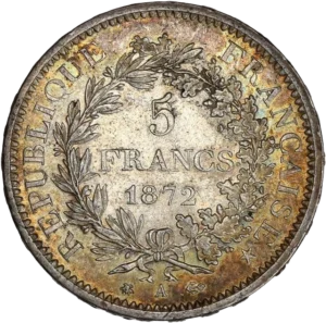 5 francs 1872 dans une couronne végétale.