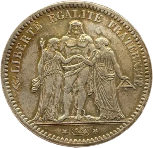 Hercule barbu demi-nu, debout de face avec la léonté, entouré de la Liberté debout à gauche tenant une pique surmontée d'une main de Justice et de l'Égalité debout à droite, tenant un niveau.