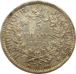 5 francs 1872 dans une couronne végétale.