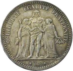 Hercule debout de face avec la léonté, unissant la Liberté debout à gauche et l'Egalité à droite.