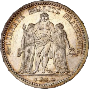 L'inscription "5 francs 1873" entouré d'une couronne de laurier et de chêne.