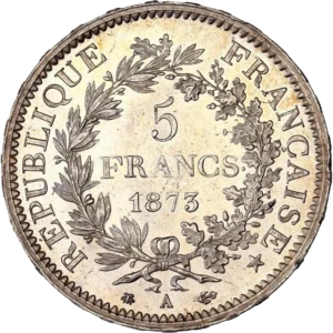 L'inscription "5 francs 1873" entouré d'une couronne de laurier et de chêne.
