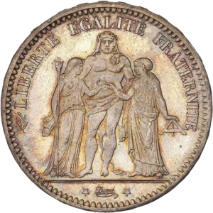 L'inscription "5 francs 1873" entouré d'une couronne de laurier et de chêne.
