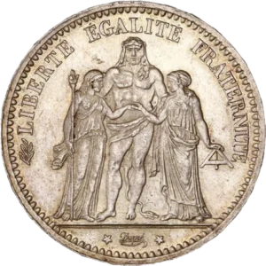 Hercule debout de face avec la léonté, unissant la Liberté debout à gauche et l'Egalité à droite.