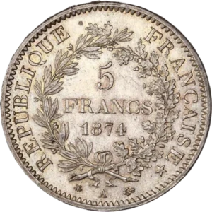 L'inscription "5 francs 1874" entouré d'une couronne de laurier et de chêne.