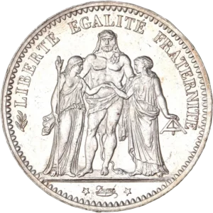 Hercule debout de face avec la léonté, unissant la Liberté debout à gauche et l'Egalité à droite.