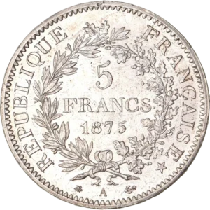 L'inscription "5 francs 1875" entouré d'une couronne de laurier et de chêne.
