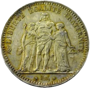 Hercule debout de face avec la léonté, unissant la Liberté debout à gauche et l'Egalité à droite.