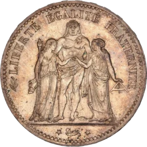 Hercule debout de face avec la léonté, unissant la Liberté debout à gauche et l'Egalité à droite.