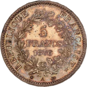 L'inscription "5 francs 1876" entouré d'une couronne de laurier et de chêne.