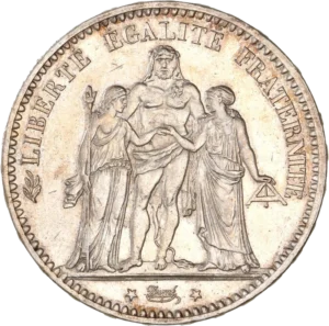 Hercule debout de face avec la léonté, unissant la Liberté debout à gauche et l'Egalité à droite.