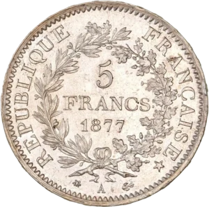 L'inscription "5 francs 1877" entouré d'une couronne de laurier et de chêne.