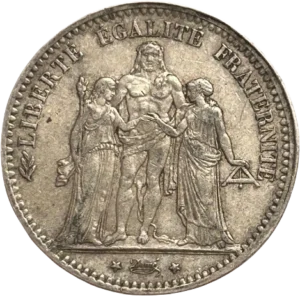 L'inscription "5 francs 1877" entouré d'une couronne de laurier et de chêne.