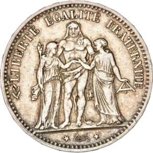 Hercule debout de face avec la léonté, unissant la Liberté debout à gauche et l'Egalité à droite.