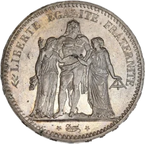 Hercule barbu en nudité héroïque debout de face avec la léonté, unissant la Liberté debout à gauche l'Égalité, debout à droite.