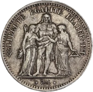 Hercule barbu en nudité héroïque debout de face avec la léonté, unissant la Liberté debout à gauche l'Égalité, debout à droite.