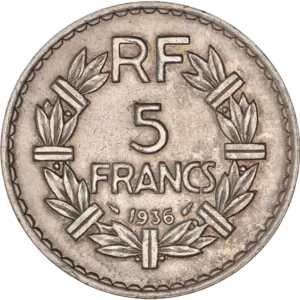 5 francs 1936 dans une couronne de laurier.