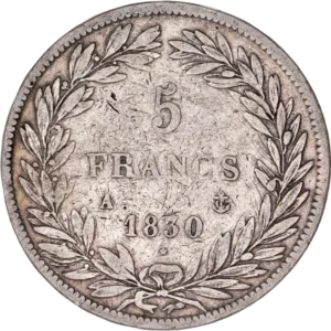 L'inscription "5 francs" entourée d'une couronne de laurier.