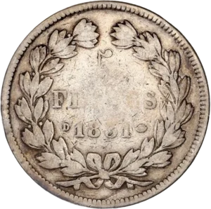 L'inscription "5 francs 1831" entouré d'une couronne de laurier et de chêne.