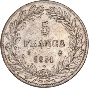 L'inscription "5 francs 1831" entouré d'une couronne de laurier et de chêne.