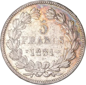 L'inscription "5 francs 1831 T" entouré d'une couronne de laurier et de chêne.