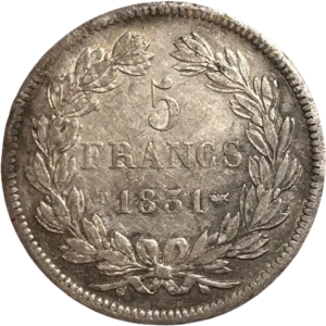 L'inscription "5 francs 1831 T" entouré d'une couronne de laurier et de chêne.