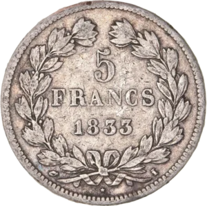 L'inscription "5 francs 1833 I" entouré d'une couronne de laurier et de chêne.