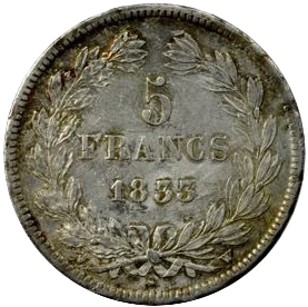5 francs 1833 dans une couronne de laurier.