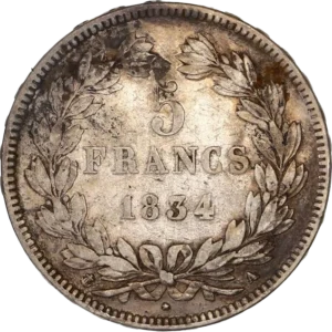 L'inscription "5 francs 1834" entouré d'une couronne de laurier et de chêne.