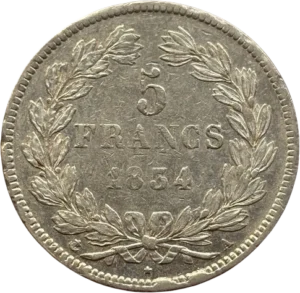 L'inscription "5 francs 1834" entouré d'une couronne de laurier et de chêne.