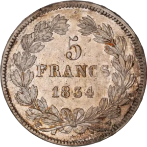 L'inscription "5 francs 1834" entouré d'une couronne de laurier et de chêne.