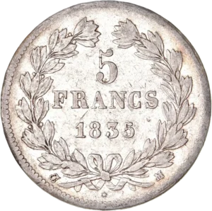 L'inscription "5 francs 1835" entouré d'une couronne de laurier et de chêne.
