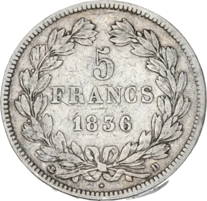 L'inscription "5 francs 1836" entouré d'une couronne de laurier et de chêne.
