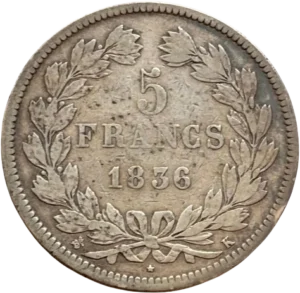 L'inscription "5 francs 1836" entouré d'une couronne de laurier et de chêne.
