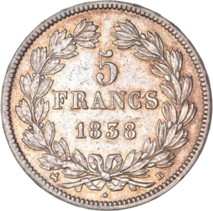 L'inscription "5 francs 1838" entouré d'une couronne de laurier et de chêne.