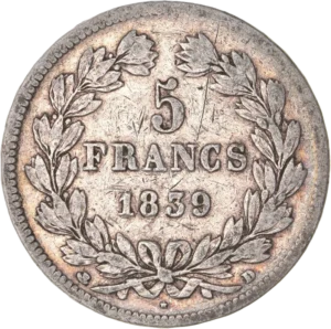 L'inscription "5 francs 1839 D" entouré d'une couronne de laurier et de chêne.