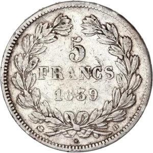 L'inscription "5 francs 1839 D" entouré d'une couronne de laurier et de chêne.